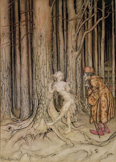 Lopulta hän tapasi hiljalleen palaavan sulhanen, kuvitus Fitchers Birdille, Pikkuveli, pikkusisar, Grimm-veljet, 1917 (wc ja kynä ja muste paperille) (katso myös 28797) tekijältä Arthur Rackham