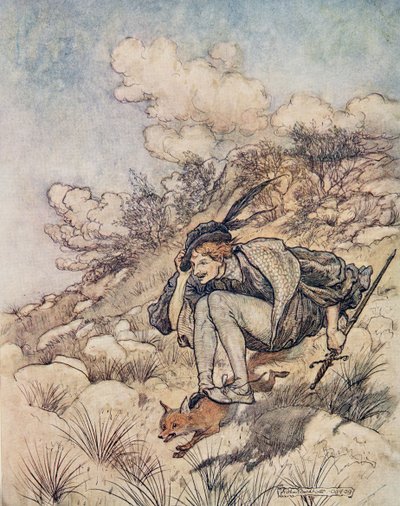 He lensivät yli kiven ja puun, sellaista vauhtia, että hänen hiuksensa vihelsivät tuulessa, Grimmin veljesten saduista, pub. 1909 tekijältä Arthur Rackham