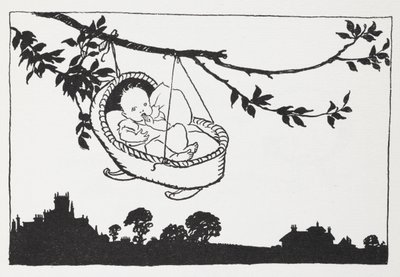 Vauva oksasta riippuvassa pinnasängyssä. tekijältä Arthur Rackham