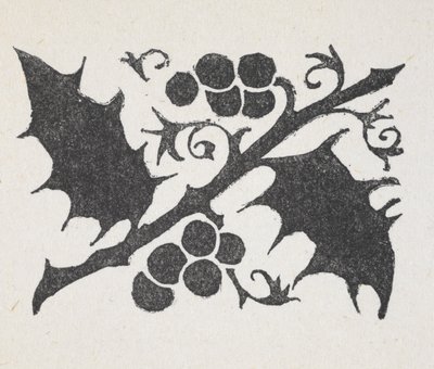 Mustavalkoinen painatus hollynlehdestä ja marjoista tekijältä Arthur Rackham