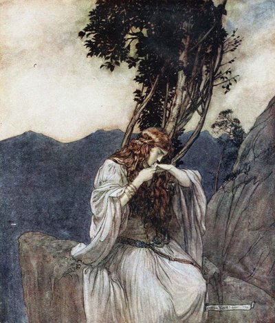 Brünnhilde suutelee sormusta, jonka Siegfried on jättänyt hänelle. Kuvitus Siegfriedille ja Twille tekijältä Arthur Rackham