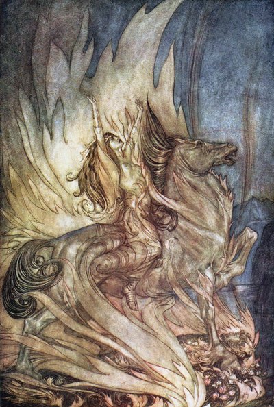 Brünnhilde Granella hyppää Siegfriedin hautaustornille. Kuvitus Siegfriedistä ja The Tw:stä tekijältä Arthur Rackham