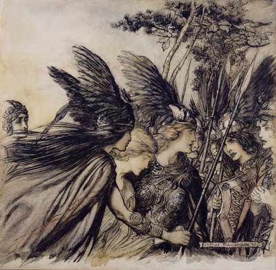 Brunnhilde rukoilee valkyyrioita, kuvitus teoksesta The Rhinegold and the Valkyrie, kirjoittanut Richard Wagner, painos julkaistu 1910 (kynä, muste ja wc paperilla) tekijältä Arthur Rackham