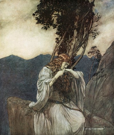 "Brunnhilde suutelee sormusta, jonka Siegfried on jättänyt hänelle", 1924. tekijältä Arthur Rackham