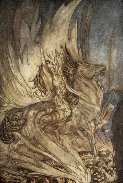 Brunnhilde on Grane hyppää Siegfriedin hautajaispyrstölle, kuva elokuvasta "Siegfried and the Twilight of the Gods" tekijältä Arthur Rackham