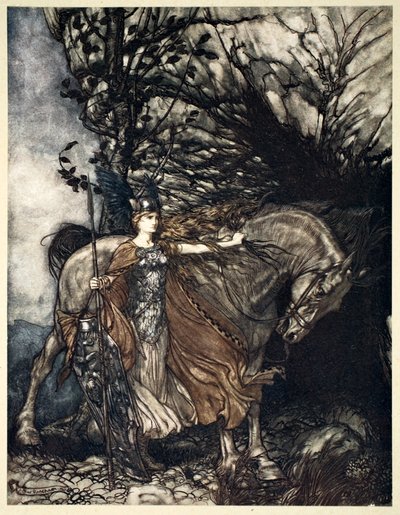 "Brunnhilde hevosensa kanssa luolan suulla", 1910. tekijältä Arthur Rackham