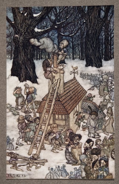 Talon rakentaminen Maimielle .., Peter Panista Kensington Gardensissa, kirjoittanut J M Barrie (1860 - 1937), pub. 1906 tekijältä Arthur Rackham