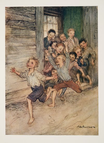 Purskahtelee esiin kuin legioona nuoria immeisiä , Washngton Irvingin (1783 - 1859) teoksesta The Legend of Sleepy Hollow (Unisen kolkan taru), julkaisu. 1928 tekijältä Arthur Rackham