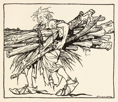 Carl rakentamassa yösuojaa, Irlantilaisista saduista The Carl of the Drab Coat -teoksesta. tekijältä Arthur Rackham