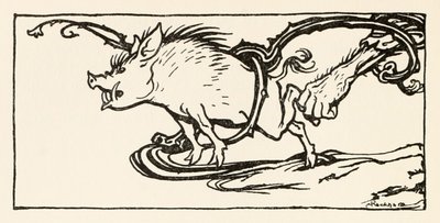 Carl pyydystää villisian illallisekseen, kirjasta The Carl of the Drab Coat in Irish Fairy Tales (Irlantilaiset sadut). tekijältä Arthur Rackham