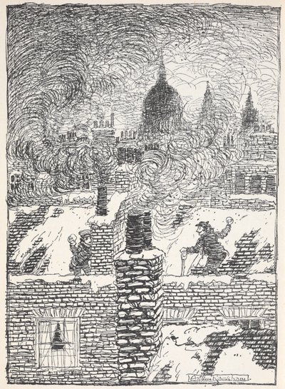 Lapset leikkivät katoilla lumessa yöllä, St. Paulin kupoli kaukana. tekijältä Arthur Rackham