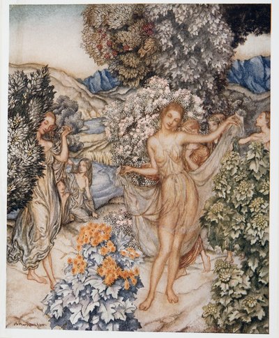 Tulkaa, lauhkeat nymfit, ja auttakaa juhlistamaan tosirakkauden sopimusta, kuvitus William Shakespearen Myrsky -teoksesta, pub. 1926 tekijältä Arthur Rackham