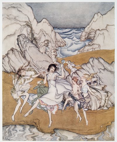 Tule näille keltaisille hiekoille kuvitus William Shakespearen Myrsky, pub. 1926 tekijältä Arthur Rackham