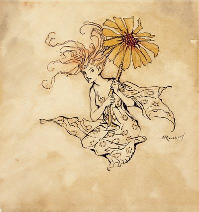 Daisy Fairy, kuvitus Peter Panista Kensington Gardensissa, J.M. Barrie, julkaistu 1912 (kynä, muste ja wc paperilla) tekijältä Arthur Rackham