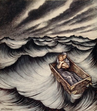 Danae taputti lastaan tiiviisti, kuvitus Nathaniel Hawthornen "Ihmekirjasta tytöille ja pojille" tekijältä Arthur Rackham