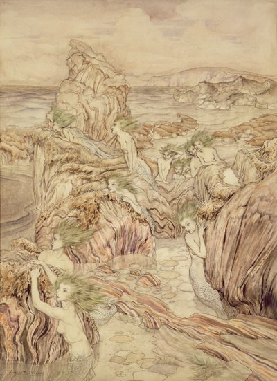 Meren tytär, kuvitus elokuvasta Kolme kultaista omenaa, kirjoittanut Nathaniel Hawthorne (kynä ja muste & wc paperilla) tekijältä Arthur Rackham