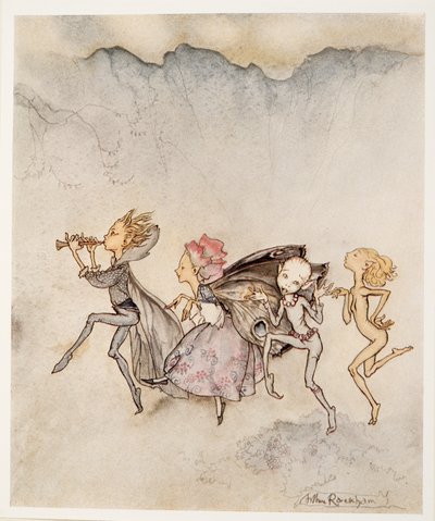 Jokainen, varpaaseensa kompastuva, tulee tänne moppi ja niittomatto, kuvitus William Shakespearen Myrsky, pub. 1926 tekijältä Arthur Rackham