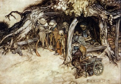Haltiat tekevät takin, kuvitus Arthur RACKHAM (1867-1939) William SHAKESPEAREn kesäyön unelmaan tekijältä Arthur Rackham