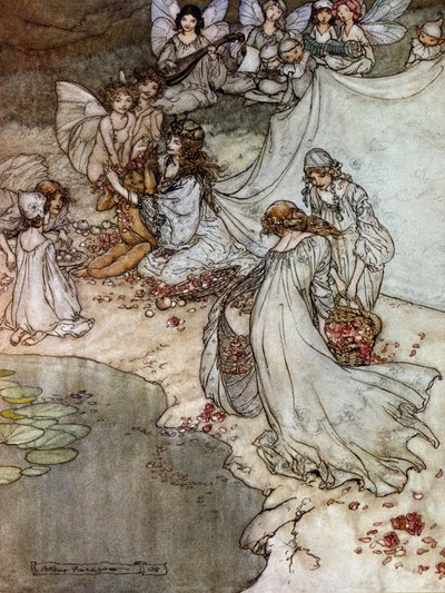 Tontut tekevät ruusukaulakoruja. Arthur RACKHAMin (1867-1939) kuvitus William SHAKESPEAREN kesäyön unelmaan tekijältä Arthur Rackham