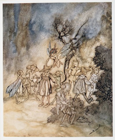 Sisään astuvat tietyt viikatemiehet, asianmukaisesti pukeutuneina, kuvitus William Shakespearesin Myrsky, pub. 1926 tekijältä Arthur Rackham