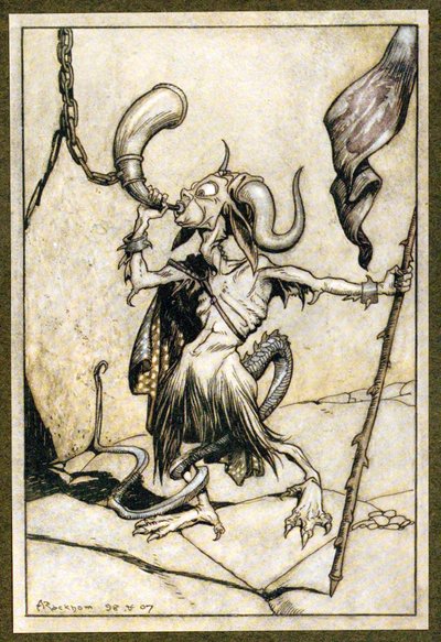 Ennen Barbicanin tornin portin torvea puhallettiin kovalla kahdenkymmenen trumpetin voimalla, 1907 tekijältä Arthur Rackham