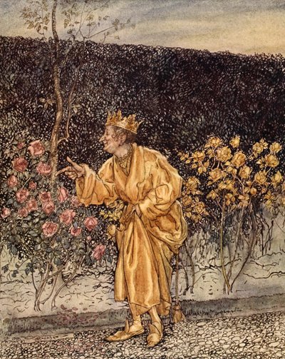 Jokainen kukka muuttui kullaksi, kuvitus Nathaniel Hawthornen "Ihmekirjasta tytöille ja pojille", 1928 tekijältä Arthur Rackham