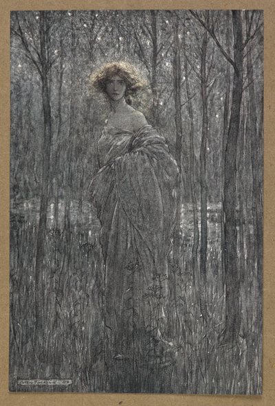 Rehellinen Helena, joka olit enemmän engilds yöllä kuin kaikki te tuliset oot ja valosilmät" Kohtaus Kesäyön unelmasta. tekijältä Arthur Rackham