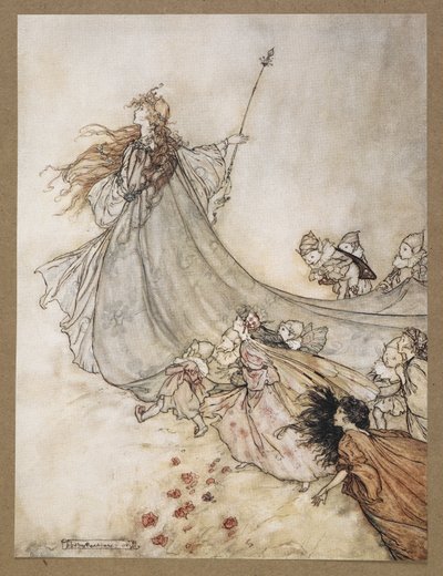 ... Keijut pois! Me saamme lapsia, jos pysyn pidempään. Kohtaus Kesäyön unelmasta. tekijältä Arthur Rackham