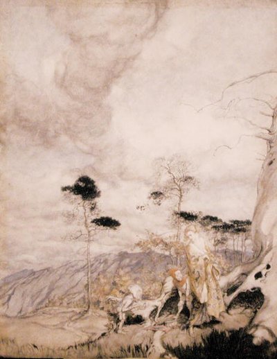 Fairy Egg Vendors (akvarelli kynällä ja musteella paperille) tekijältä Arthur Rackham