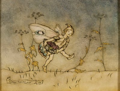Keiju, kuvitus "Kesäyön unelmasta", julkaissut Heinemann, 1908 (kynä, muste ja wc paperilla) tekijältä Arthur Rackham