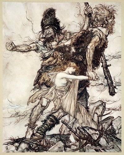 "Fasolt yhtäkkiä vangitsee Freian ja vetää hänet syrjään Fafnerin kanssa", 1910. tekijältä Arthur Rackham