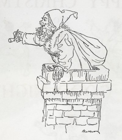 Joulupukki kiipeämässä savupiippua alas tekijältä Arthur Rackham