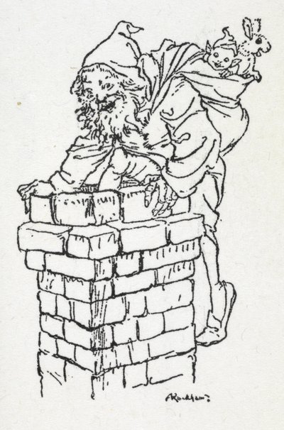 Joulupukki kiipeilemässä savupiipusta alas lahjasäkin kanssa tekijältä Arthur Rackham