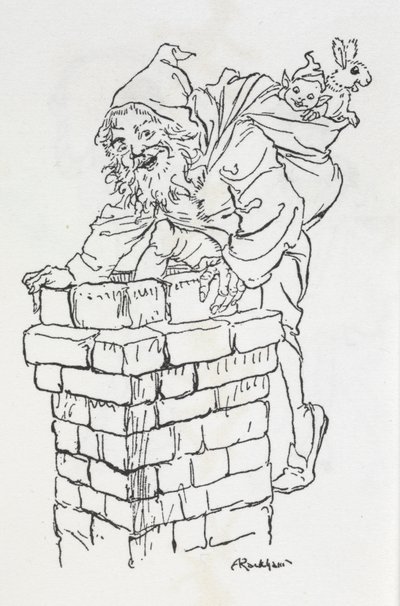 Joulupukki kiipeämässä savupiippuun lahjojen kanssa tekijältä Arthur Rackham