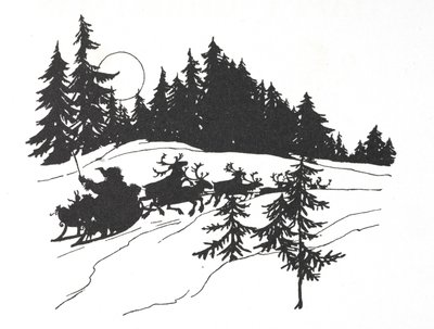 Joulupukki matkustaa rekillään lumisen metsän läpi tekijältä Arthur Rackham