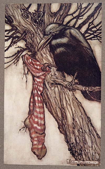 Vuosien ajan hän oli hiljaa täyttänyt sukkiaan Peter Panista Kensington Gardensissa, kirjoittanut J M Barrie (1860 - 1937), pubi. 1906 tekijältä Arthur Rackham