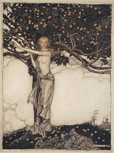 Freia, kaunis, kuvitus teoksesta The Rhinegold and the Valkyrie tekijältä Arthur Rackham