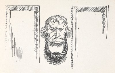 Etuoven kolkutin Scroogen kasvoilla tekijältä Arthur Rackham