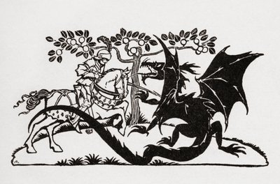 George ja lohikäärme. F.A. Steelin uudelleen kertomasta kirjasta English Fairy Tales Arthur Rackhamin kuvituksella, julkaistu 1927. tekijältä Arthur Rackham