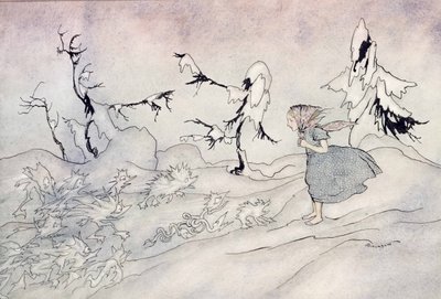 Gerda on kauhuissaan Lumikuningattaren etuvartiostosta, mutta hän sanoi Isämme, ja pienet kirkkaat enkelit pelastivat hänet, kuvitus Hans Christian Andersenin Lumikuningattaresta, julkaistu 1932 (wc & i tekijältä Arthur Rackham