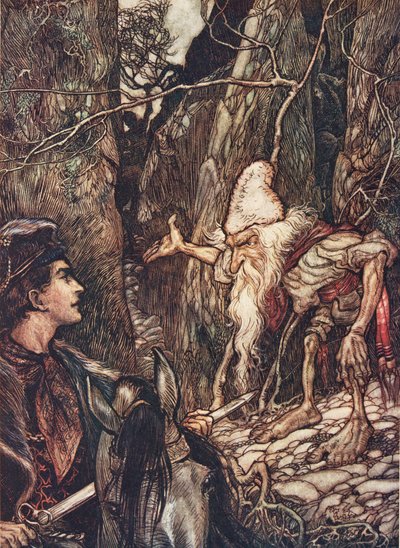 Hyvä kääpiö, etkö voi kertoa minulle, missä veljeni ovat? teoksesta Grimmin veljesten sadut, pub. 1909 tekijältä Arthur Rackham