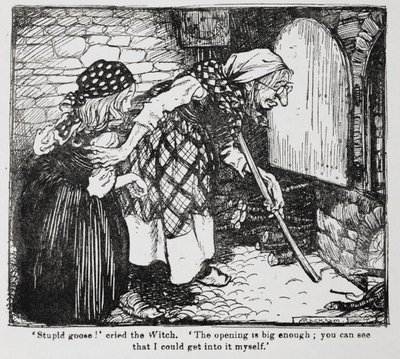 Grethel ja vanha noita uunin ääressä Hanselilta ja Gretheliltä. tekijältä Arthur Rackham