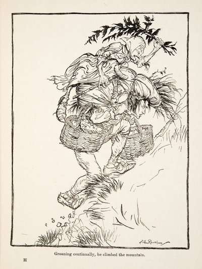 Jatkuvasti voihkien hän kiipesi vuorelle, teoksesta Pikkuveli & Pikkusisar ja Grimmin veljesten muita tarinoita, pub.1917 (litho) tekijältä Arthur Rackham