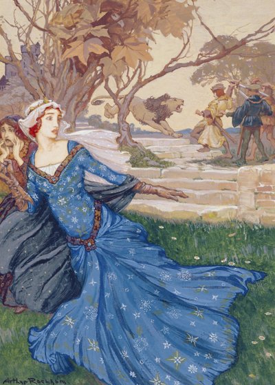 Guineveren pelastaja La Cote Male Taile, kuvitus kokoelmasta Tarinoita vanhoista satuista: Grimm, Andersen ja Stories of King Arthur, julkaistu 1905 (vartalonväri paperilla) tekijältä Arthur Rackham