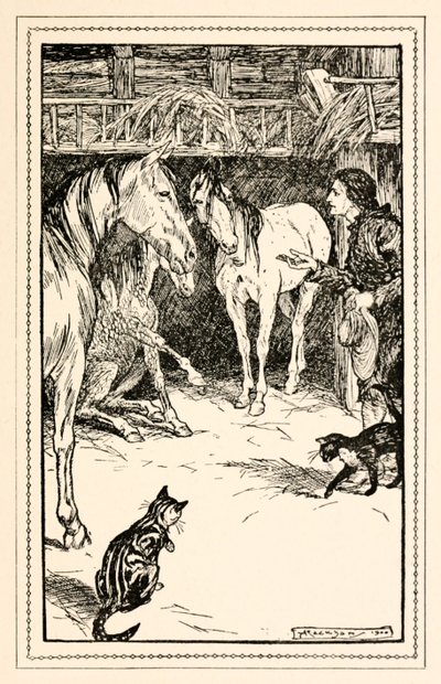 Gulliverilla on kunnia saada kuulustella herrojensa vieraita Jonathan Swiftin Gulliversin matkojen IV osasta: Matka Houyhnhnmien maahan. tekijältä Arthur Rackham