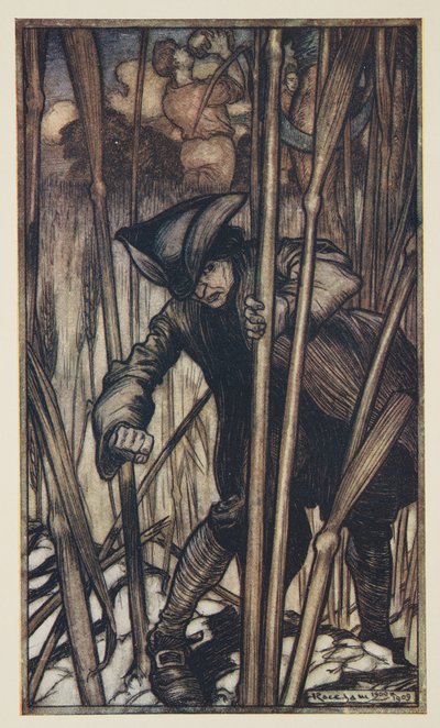 Gulliver iskee pelko heti ensisilmäyksellä The Brobdingnagian Reapersista, jonka on kirjoittanut Jonathon Swift (1667 - 1745), pub. 1909 (väri litho) tekijältä Arthur Rackham