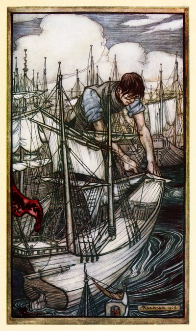 Gulliver takavarikoi vihollisen laivaston osa I: Matka Lilliputtiin Jonathan Swiftin Gulliversin matkoissa. tekijältä Arthur Rackham
