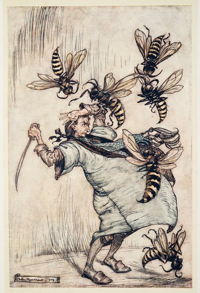 Gulliverin taistelu ampiaisten kanssa, Jonathon Swiftin (1667 - 1745) teoksesta Gulliver