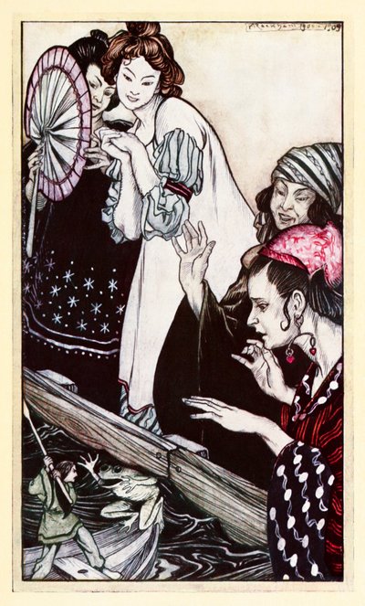 Gulliversin kohtaaminen sammakon kanssa Jonathan Swiftin Gulliversin matkoissa, osa II: Matka Brobdingnagiin. tekijältä Arthur Rackham