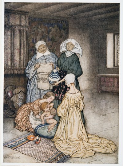 Eikö minulla ollut kerran neljä tai viisi naista, jotka hoitivat minua? kuvitus William Shakespearesin Myrsky, pub. 1926 tekijältä Arthur Rackham